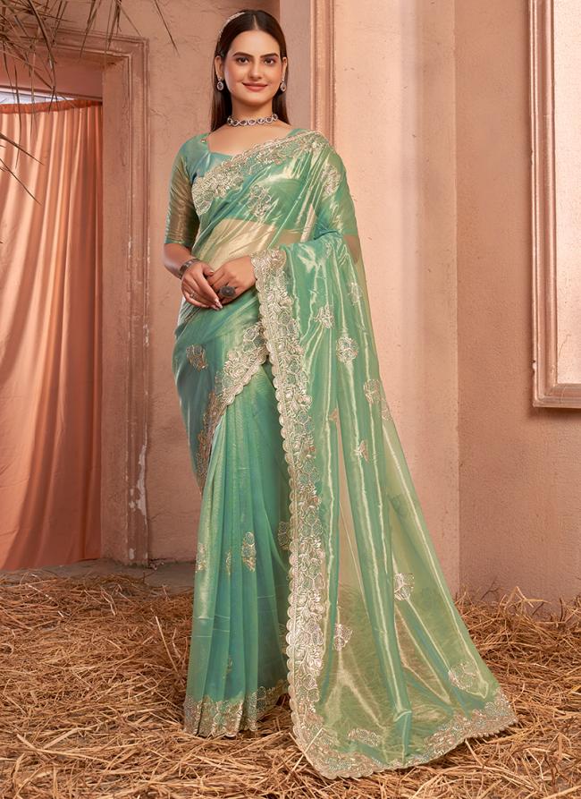 Shimmer Silver Net Green Party Wear Swarovski Work Saree